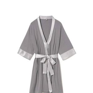 PJ Harlow Shala Dark Silver Rib Knit Camono Robe With Satin Belt And Trim